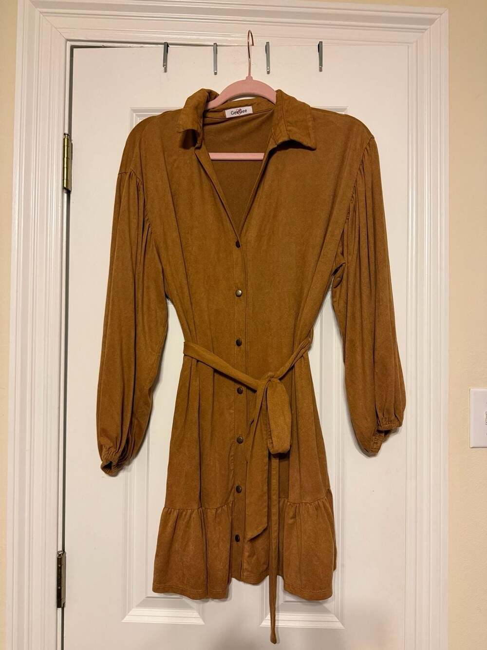 GeeGee Brown Suede Long Sleeve Button Front Belted Ruffle Hem Mini Shirt Dress